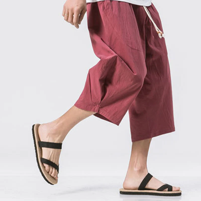 Buddha Stones Summer Casual Simple Plain Design 7-8 Length Men's Cotton Linen Drawstring Pants With Pockets