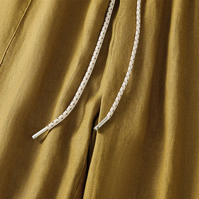 Buddha Stones Casual Embroided Bead Drawstring Women's Wide Leg Cotton Pants With Pockets