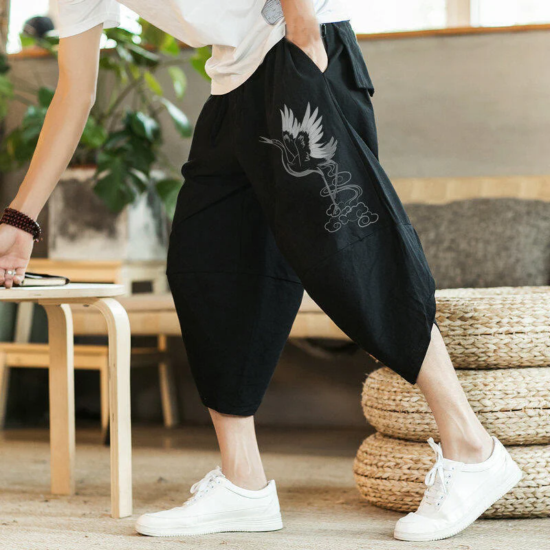 Buddha Stones White Crane Clouds Embroidery Cotton Linen Men's 7-8 Length Harem Pants With Pockets