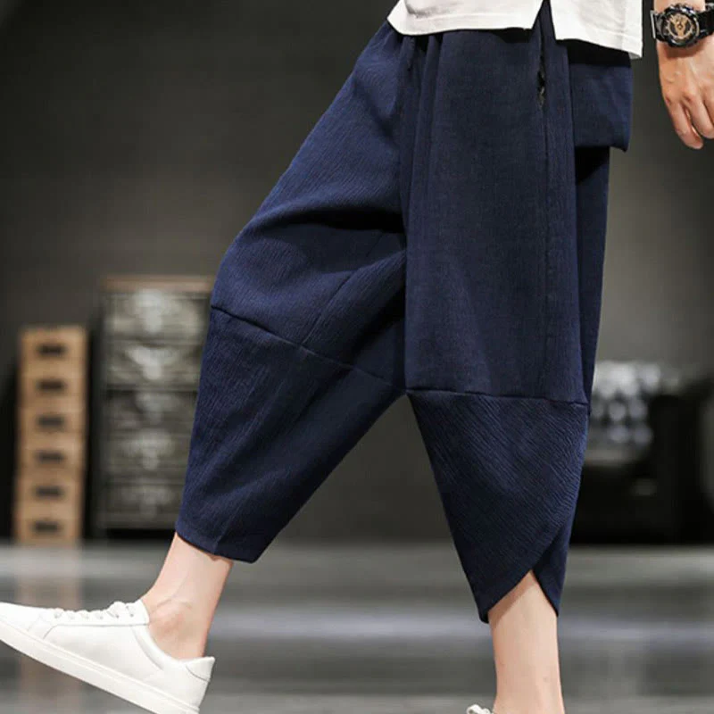 Buddha Stones Summer Solid Men's Cotton Linen Cropped Pants With Pockets