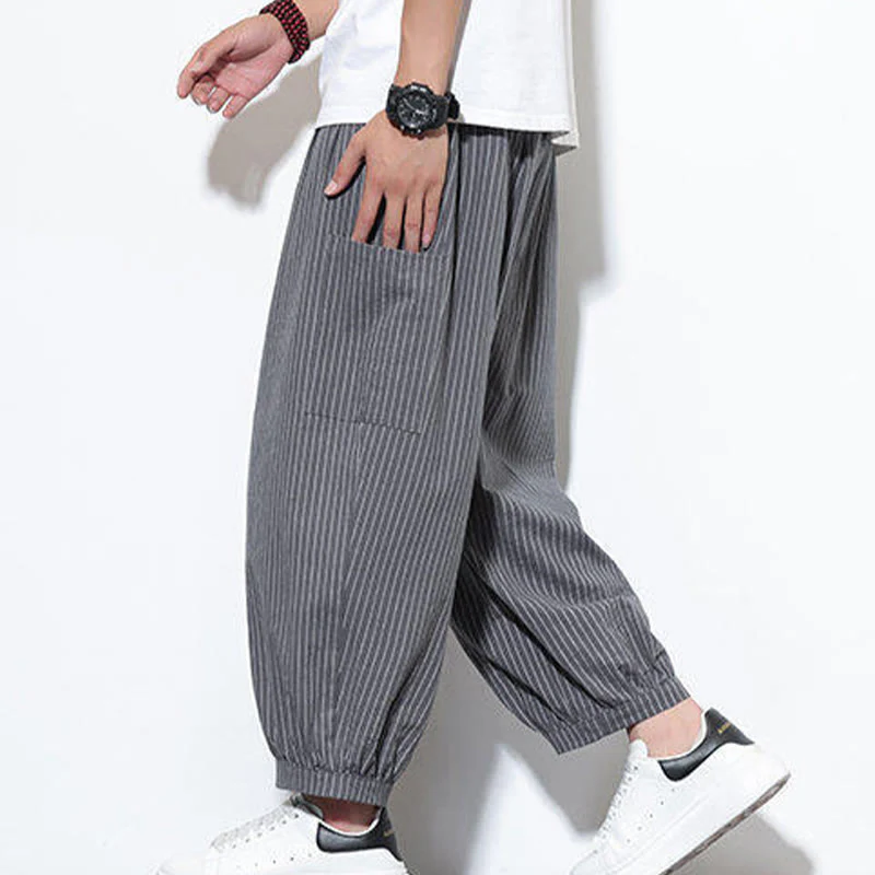 Buddha Stones Casual Striped Men's Cotton 7-8 Length Harem Pants With Pockets