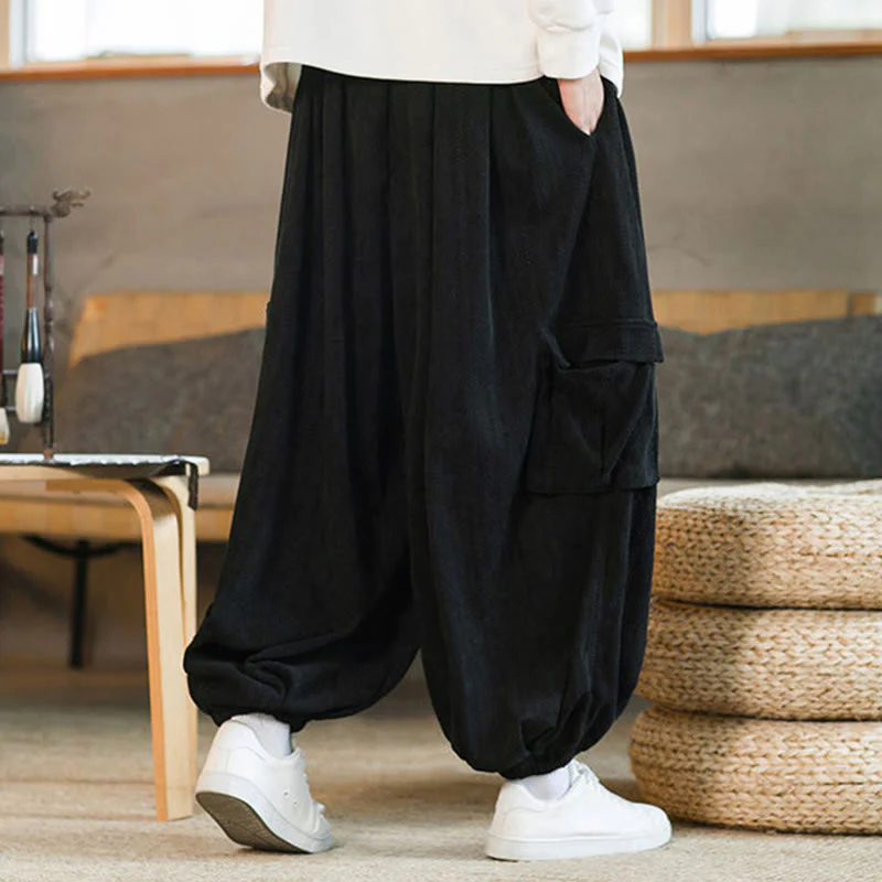 Buddha Stones Fall Winter Men's Drawstring Chenille Corduroy Cargo Pants With Pockets