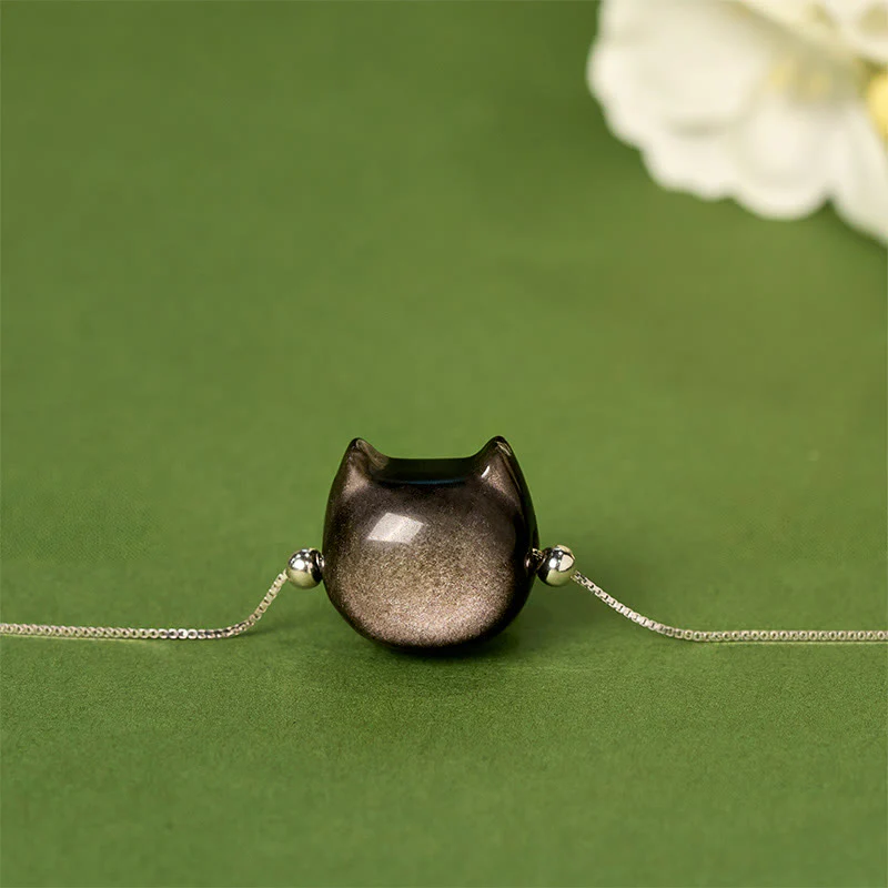 Buddha Stones 925 Sterling Silver Silver Sheen Obsidian Gold Sheen Obsidian Cat Soothing Bracelet