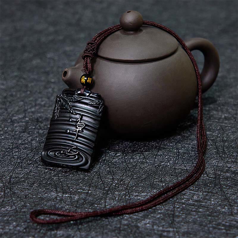 Buddha Stones Natural Black Obsidian Bamboo Fulfillment Necklace Pendant