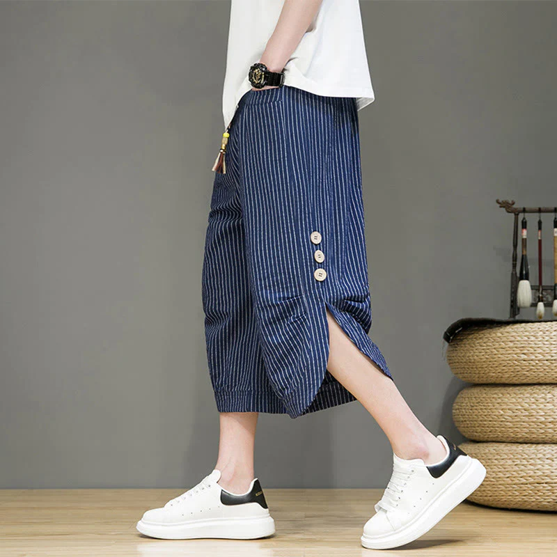 Buddha Stones Casual White Stripes Pattern Drawstring Button Design Men's Cotton Cropped Harem Pants With Pockets
