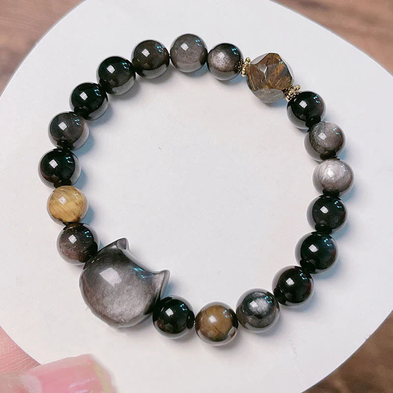 Buddha Stones Natural Silver Sheen Obsidian Beads Cute Cat Soothing Bracelet