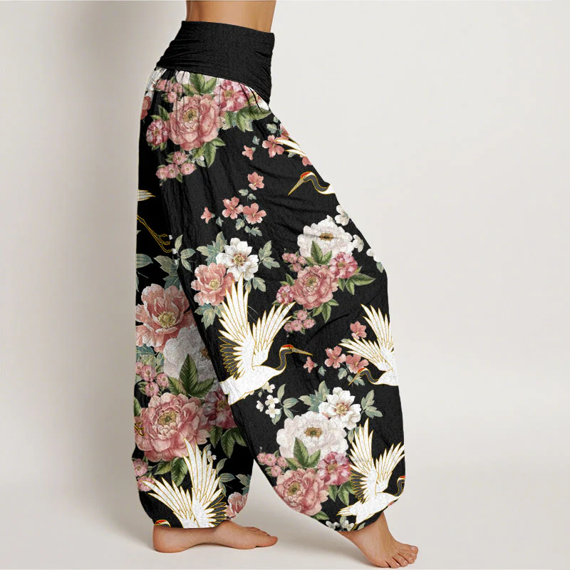 Buddha Stones Casual Cranes Blooming Peony Pattern Women's Elastic Waist Harem Pants