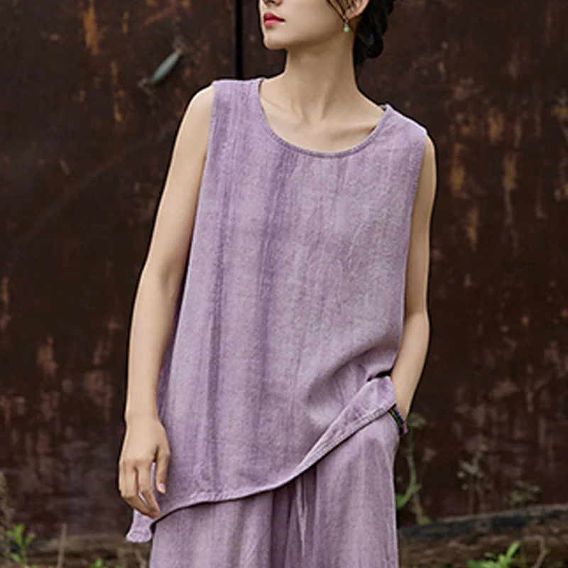 Buddha Stones Summer Tie-dye Linen Crew Neck Sleeveless Women's Vest