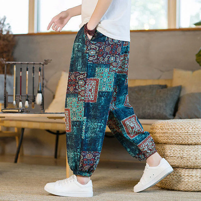 Buddha Stones Summer Square Patchwork Cotton Linen Men's Ankle-Length Harem Pants With Pockets