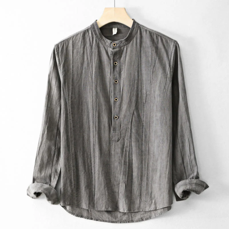 Buddha Stones Plain Pleats Half Buttons Design Stand Collar Men's Long Sleeve Cotton Linen Shirt