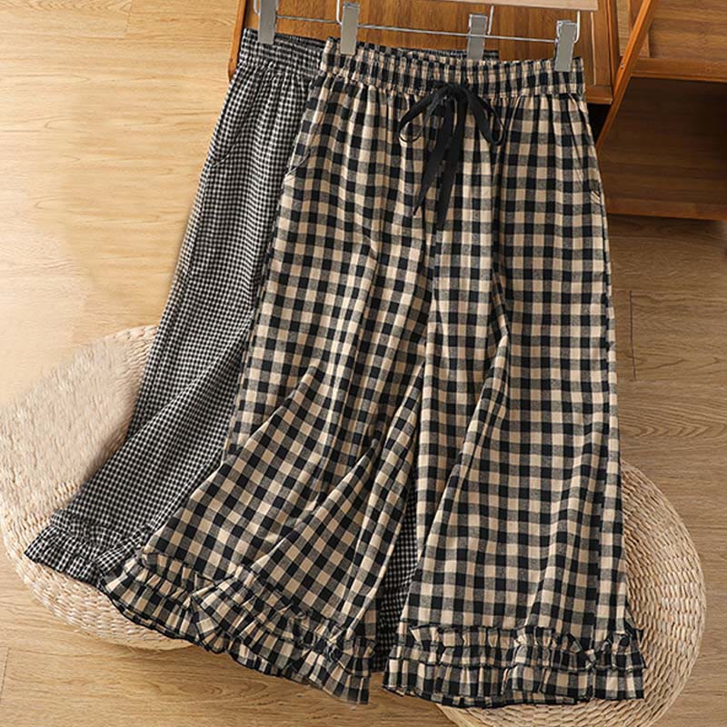 Buddha Stones Casual Cotton Stitching Grid Women's 7-8 Length Wide Leg Pants With Pockets