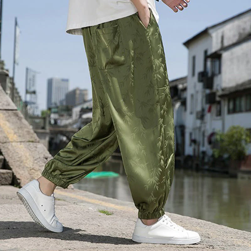 Buddha Stones Summer Ice Silk Jacquard Bamboo Pattern Men's Drawstring Cotton Pants With Pockets