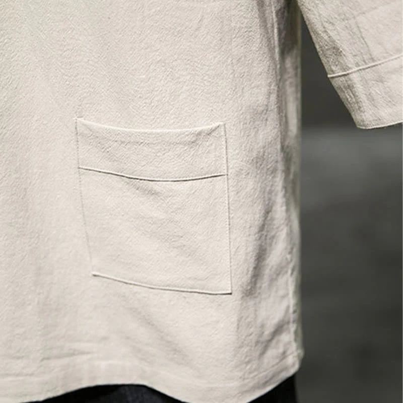 Buddha Stones Summer Casual Simple V-Neck Design Men's Cotton Linen Three Quarter Sleeve T-Shirt With Front Pocket