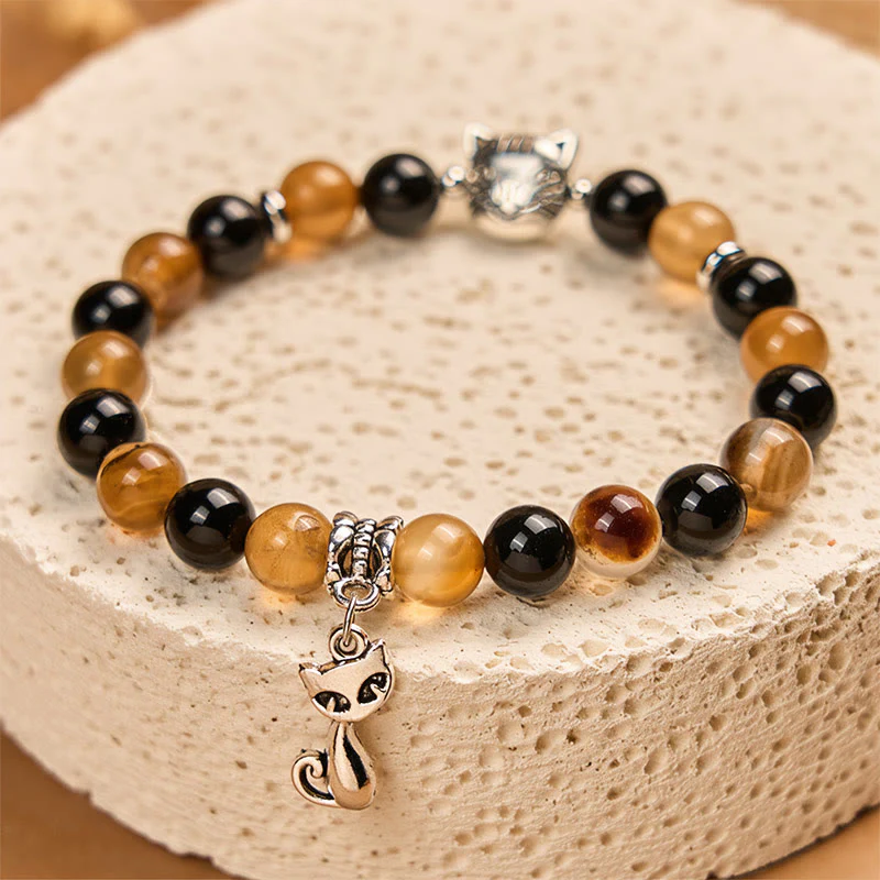 Buddha Stones Tortoiseshell Cat Light Brown Striped Agate Black Onyx Protection Bracelet