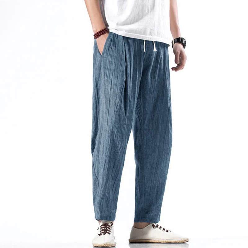 Buddha Stones Casual Plain Pleated Design Drawstring Men's Long Cotton Linen Harem Pants With Pockets
