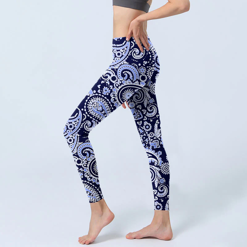 Buddha Stones Purple Blue Cashew Flower Print Gym Leggings Women's Yoga Pants