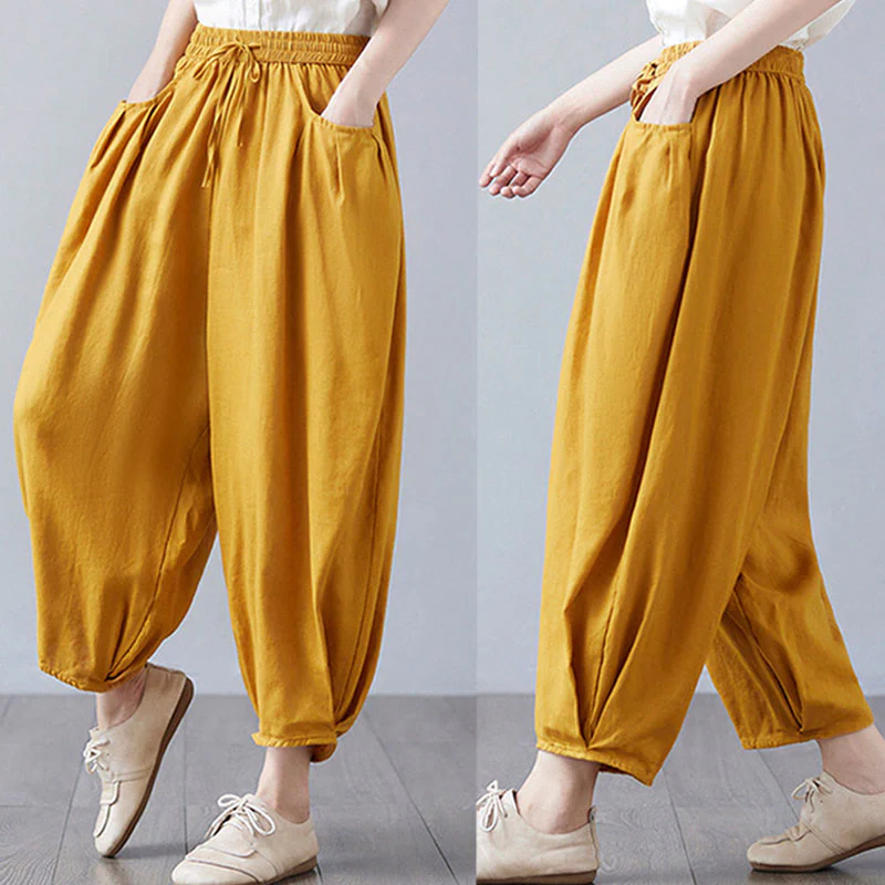 Buddha Stones Summer Plain Cropped Pants Women's Cotton Linen Harem Pants With Pockets