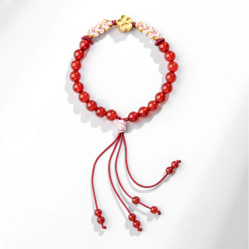 Buddha Stones 999 Sterling Silver Natural Red Agate Pink Crystal Cherry blossom Bracelet