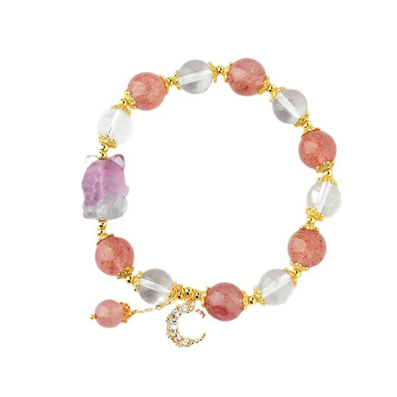 Buddha Stones Natural White Strawberry Quartz Crystal Healing Love Nine Tailed Fox  Moon Pendant Bracelet