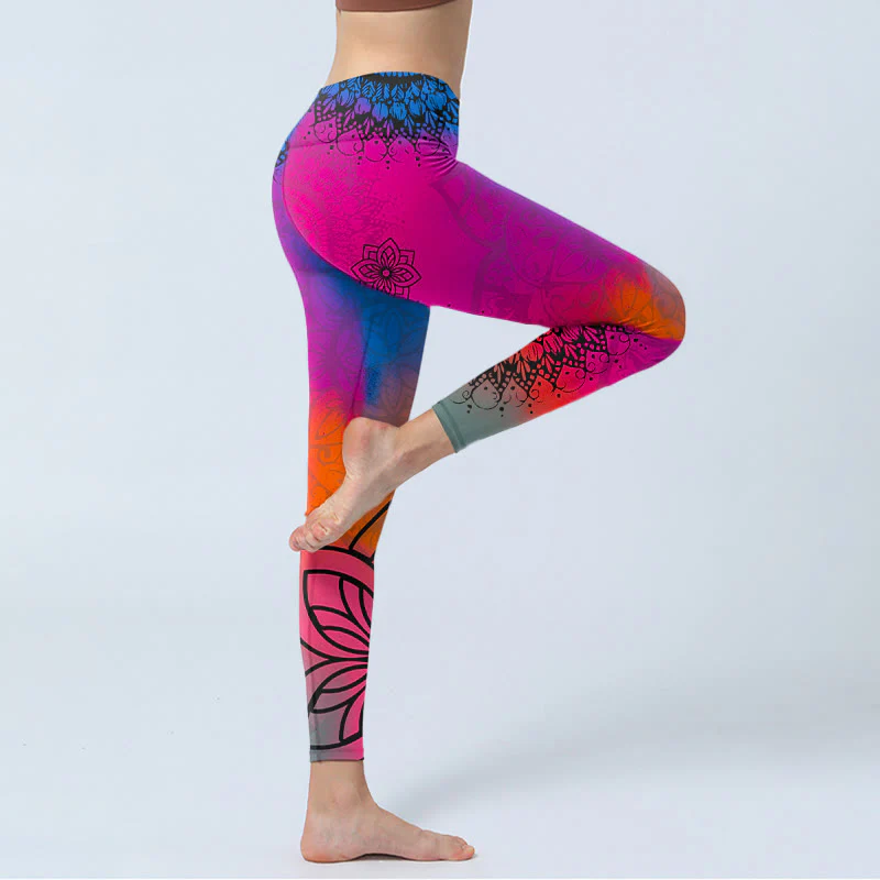 Buddha Stones Rose Red Blue Mandala Flower Print Gym Leggings Women's Yoga Pants