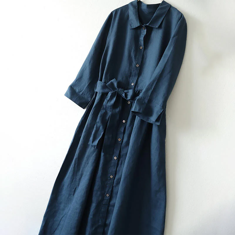 Buddha Stones Casual Plain Lace-up Stand Collar Linen Midi Dress With Pockets