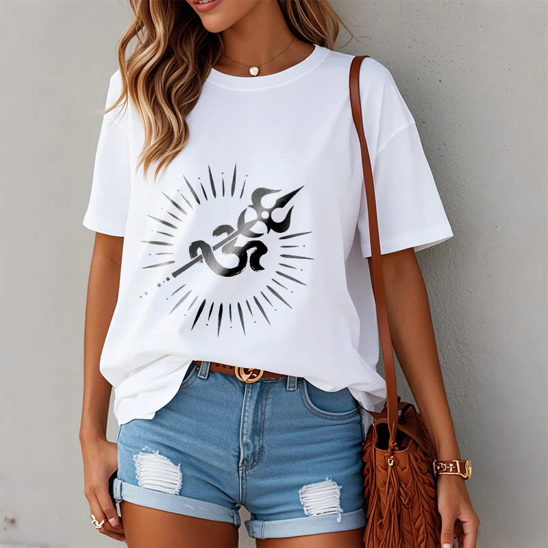 Buddha Stones Casual Om Symbol Trident Radiant Lines Pattern Cotton Tee T-shirt