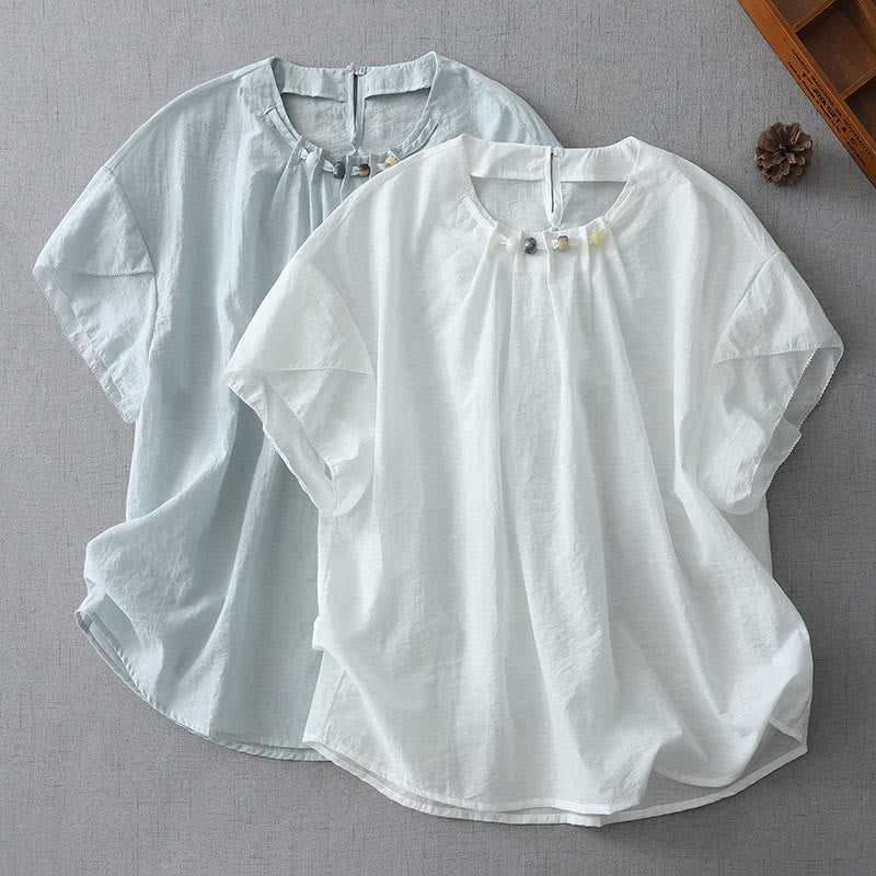 Buddha Stones Beads Crew Neck Design Cotton Short Sleeve Women's Shirt