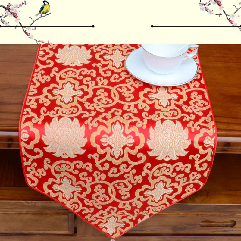 Buddha Stones Prayer Altar Flower Vajra Dragon Pattern Tibetan Auspicious Symbols Tassels Jacquard Table Runner