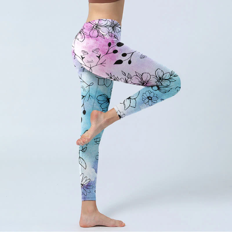 Buddha Stones Black Line-Drawn Flower Leaves Pattern Print Gym Leggings Women's Yoga Pants