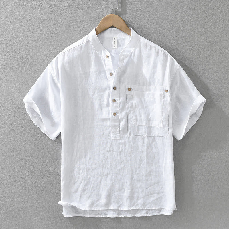 Buddha Stones Summer Half Buttons Design Lapel Men's Short Sleeve Linen Shirt With Pocket