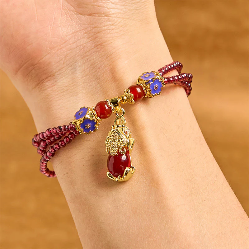 Buddha Stones Natural 3mm Garnet Beads PiXiu Flower Purification Multilayer Bracelet