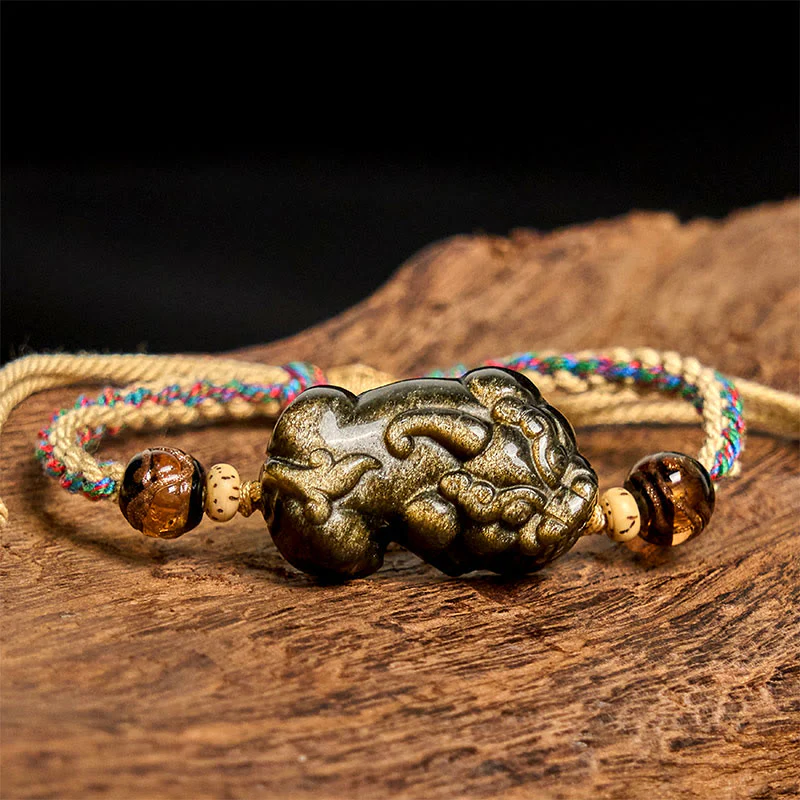Buddha Stones Gold Sheen Obsidian PiXiu Wealth Rope Bracelet