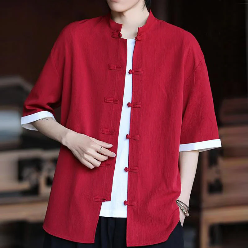 Buddha Stones Plain Tang Suit Frog-Button Design Men's Half Sleeve Shirt