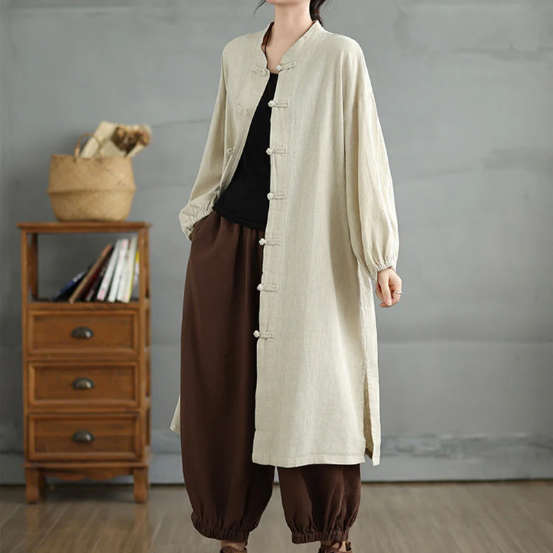 Buddha Stones Casual Frog-button Women's Cotton Linen Coat With Pockets