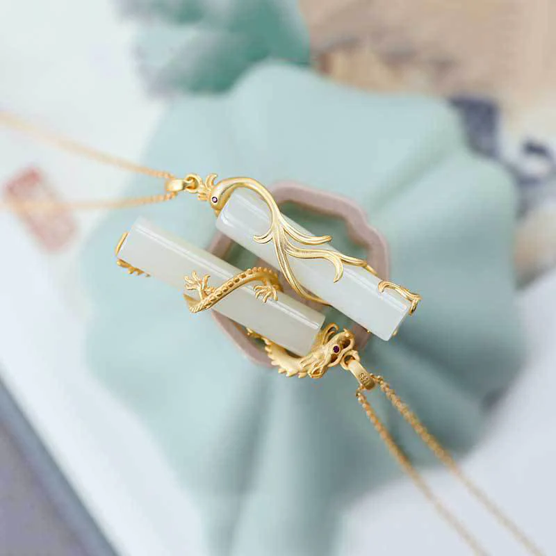 Buddha Stones Jade Dragon Phoenix Copper Protection Necklace Pendant