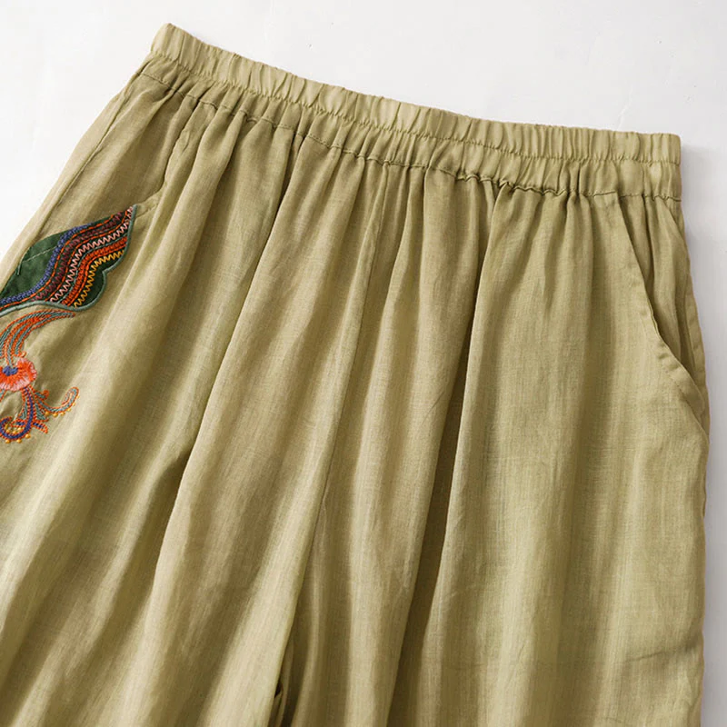Buddha Stones Casual Flower Embroidery Women's Cotton Linen Elastic Waist Wide Leg Pants With Pockets