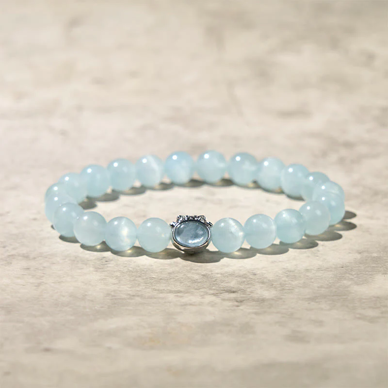 Buddha Stones Natural Aquamarine Lucky Cat Peace Bracelet