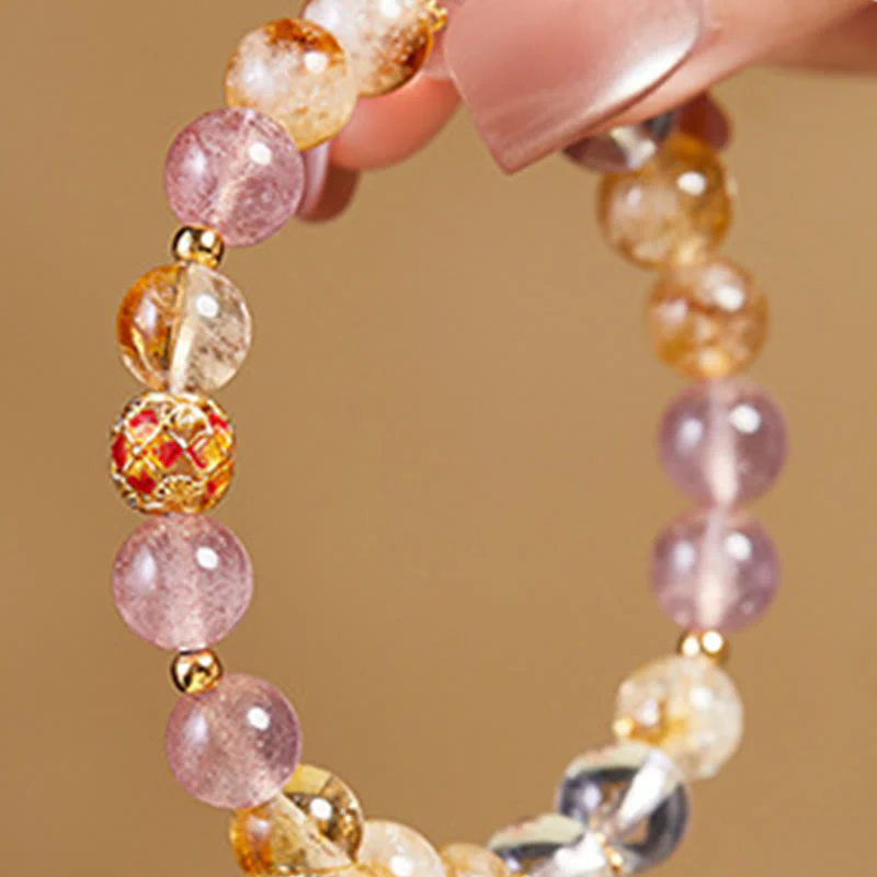 Buddha Stones 999 Sterling Silver Citrine Strawberry Quartz White Crystal Protection Bracelet