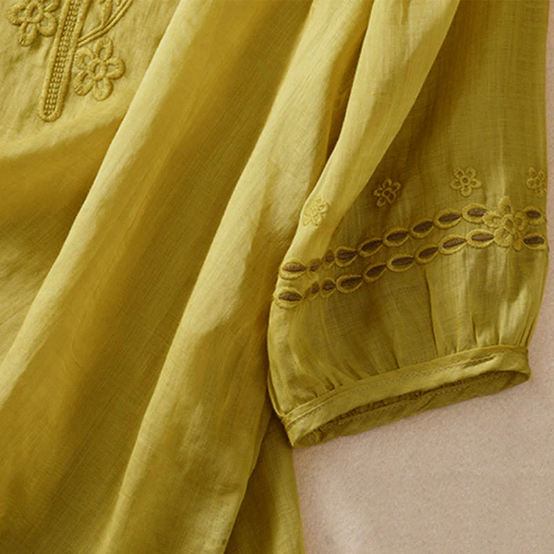 Buddha Stones Women's Crew Neck Hollow Design Half Sleeve Cotton Linen Shirt