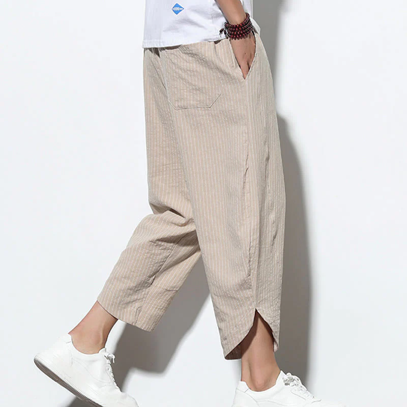 Buddha Stones Summer Stripes Pattern Drawstring Cotton Linen Men's 7-8 Length Harem Pants With Pockets