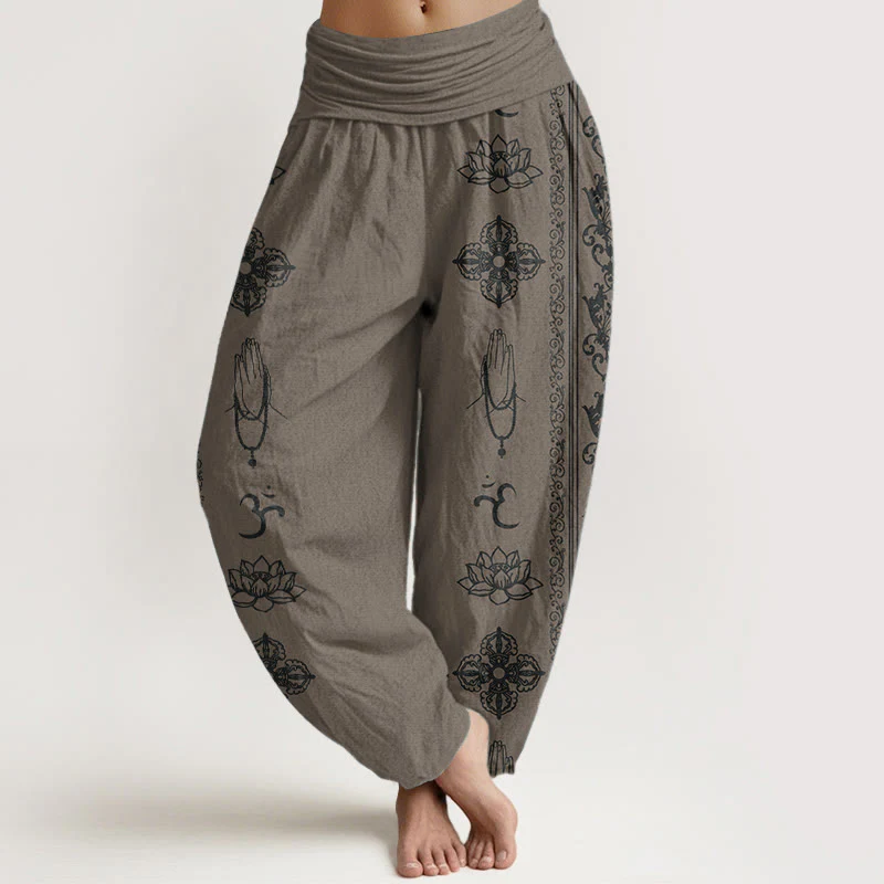 Buddha Stones Pure Cotton Lotus Flowers Double Dorje Vajra Namaste Om Design Women's Elastic Waist Harem Pants