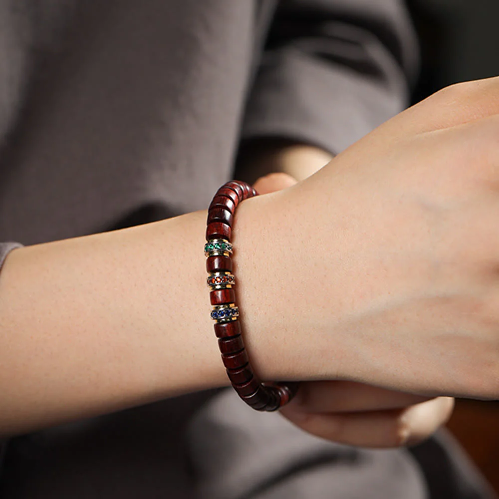 Buddha Stones Ebony Wood Small Leaf Red Sandalwood Zircon Peace Bracelet