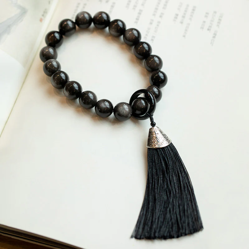 Buddha Stones Natural Silver Sheen Obsidian Black Obsidian Lion Wrist Mala Protection Tassels Pocket Mala Car Decoration