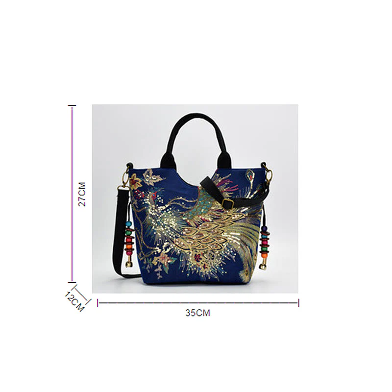 Buddha Stones Peacock Double-sided Embroidery Tote Bag Shoulder Bag Crossbody Bag