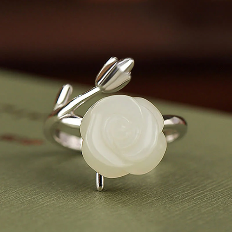 Buddha Stones 925 Sterling Silver Plated Gold Rose Flower Hetian White Jade Happiness Ring