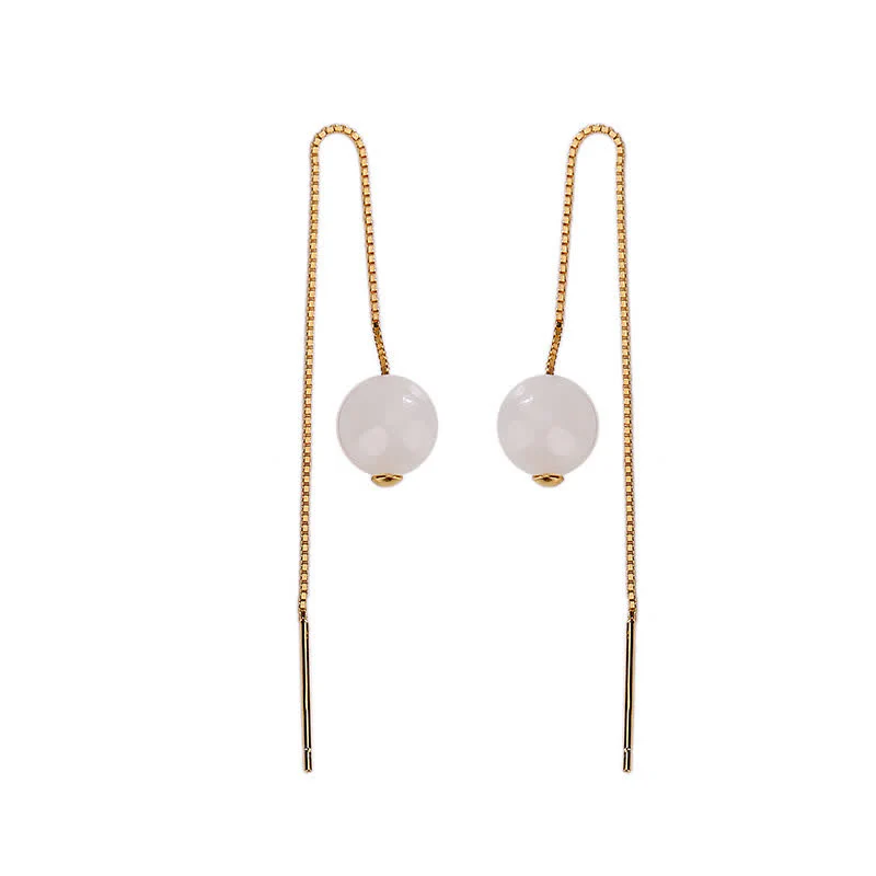 Buddha Stones 925 Sterling Silver White Jade Beaded Happiness Drop Earrings