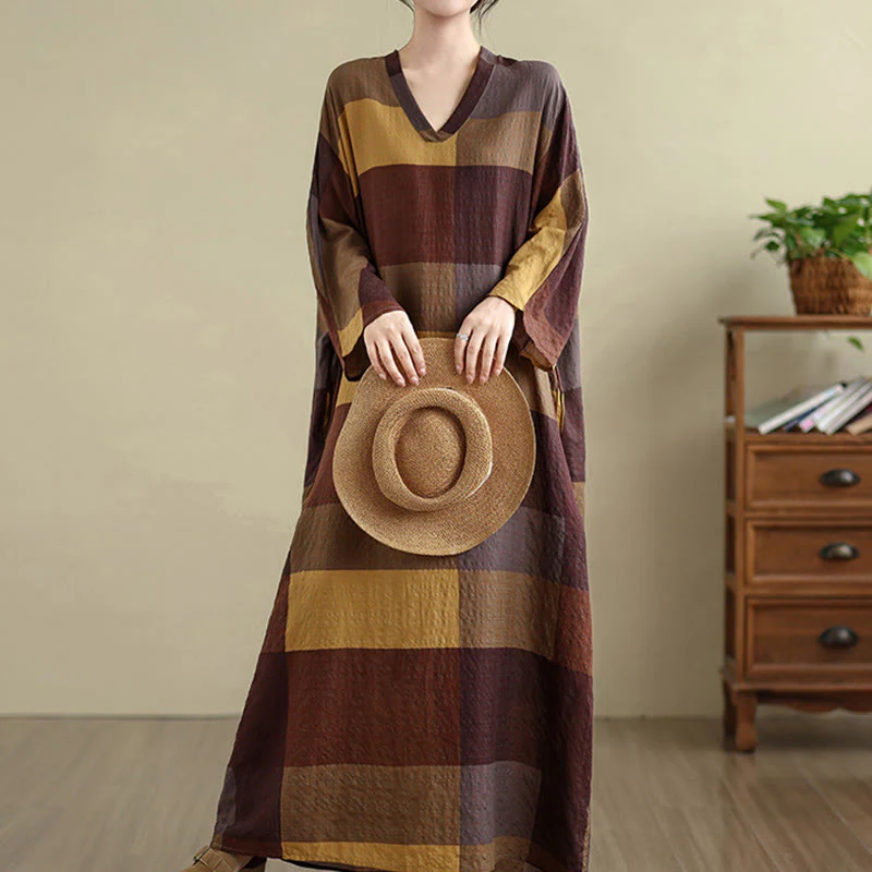 Buddha Stones Spliced Plaid Pattern Cotton Linen Women's Maxi Dress With Pockets