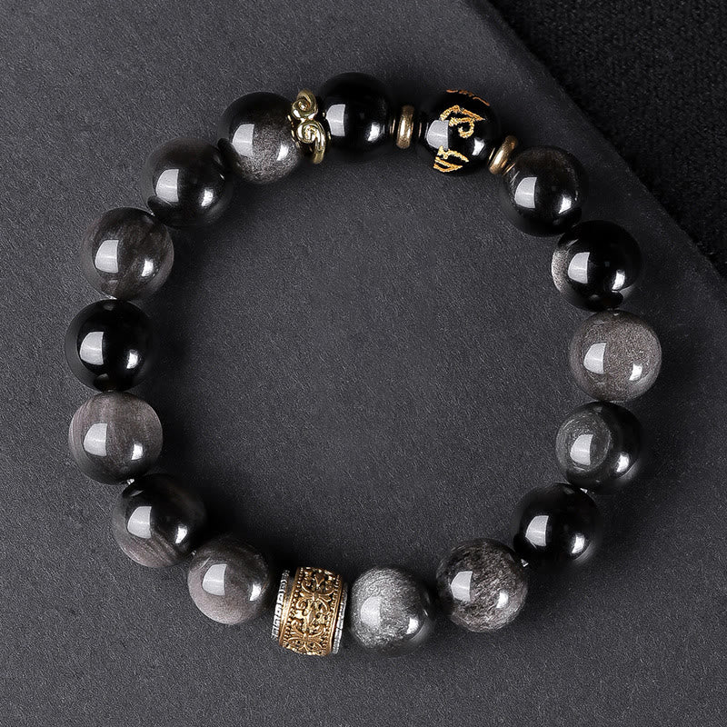 Buddha Stones Natural Silver Sheen Obsidian Tiger's Eye Six True Words 'Om Mani Padme Hum' Strength Bracelet