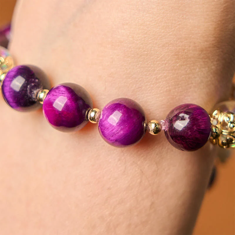 Buddha Stones Natural Red Tiger Eye Purple Tiger Eye Beads Green Leaf Protection Bracelet
