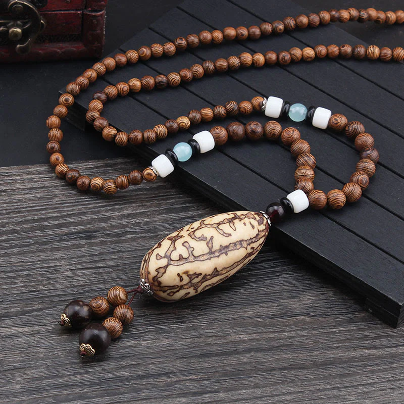 Buddha Stones Tibetan Wenge Wood Bodhi Seed Agate Elephant Protection Necklace Pendant